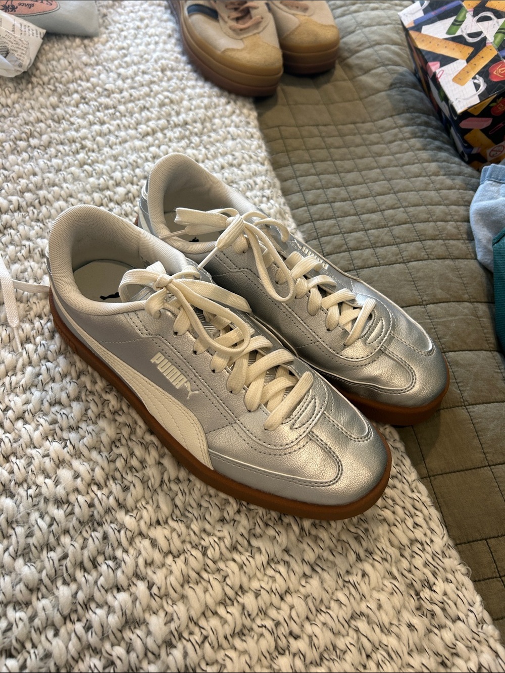 Puma Womens Silver Leather Sneakers with White Stripe and Gum Sole